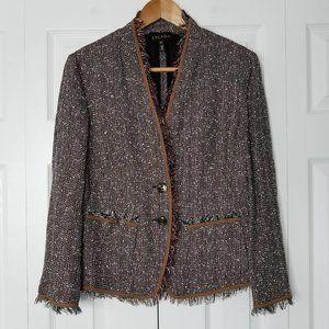 Escada Tweed Fringe Trim Blazer Jacket Linen Blend Pockets Brown 40